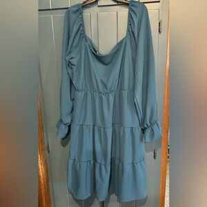 Teal Long Sleeve, Off the Shoulder, Tiered Dress